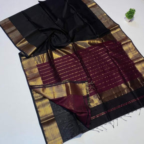 lassic Black Maheshwari Silk Saree with Handwoven Gold Zari Border & Maroon Pallu