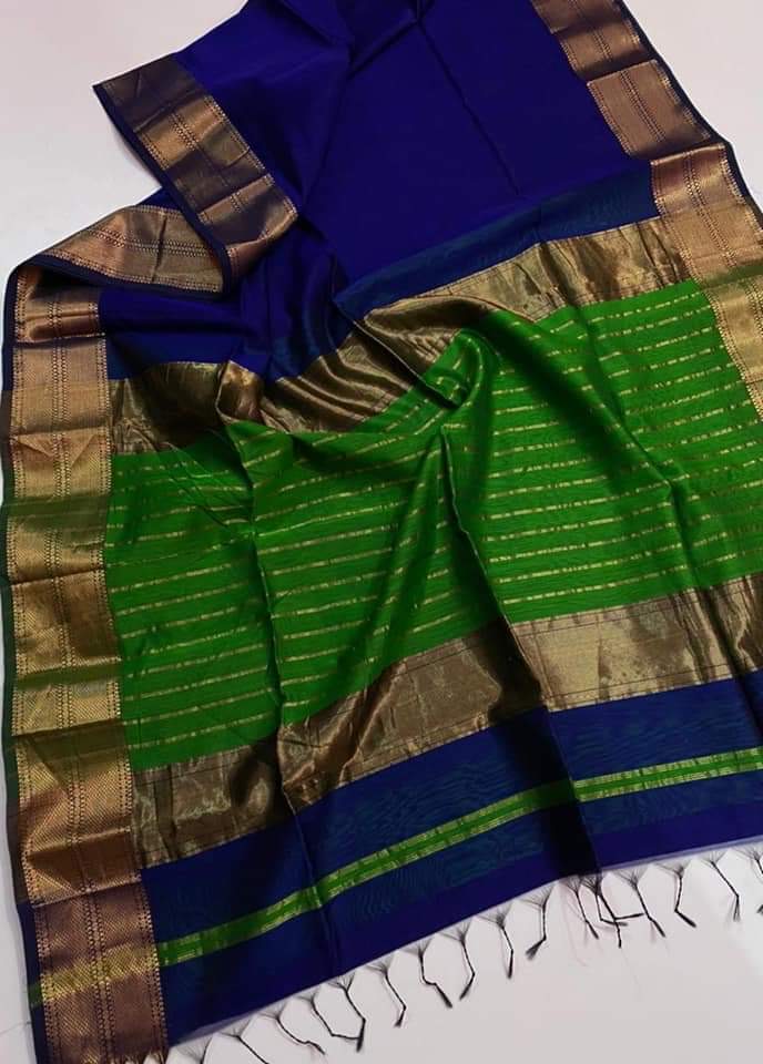 Royal Blue & Emerald Green Maheshwari Silk Saree with Handwoven Gold Zari Border