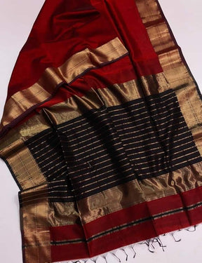 Deep Maroon Maheshwari Silk Saree with Handwoven Gold Zari Border & Charcoal Black Striped Pallu