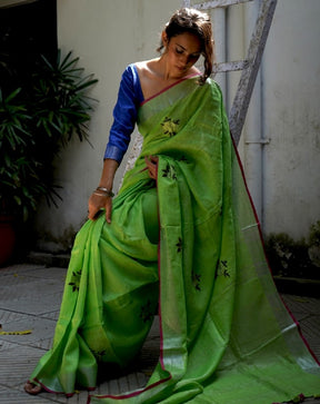 Embroidered Green Linen Saree