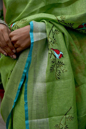 Green Embroidered  Linen Saree
