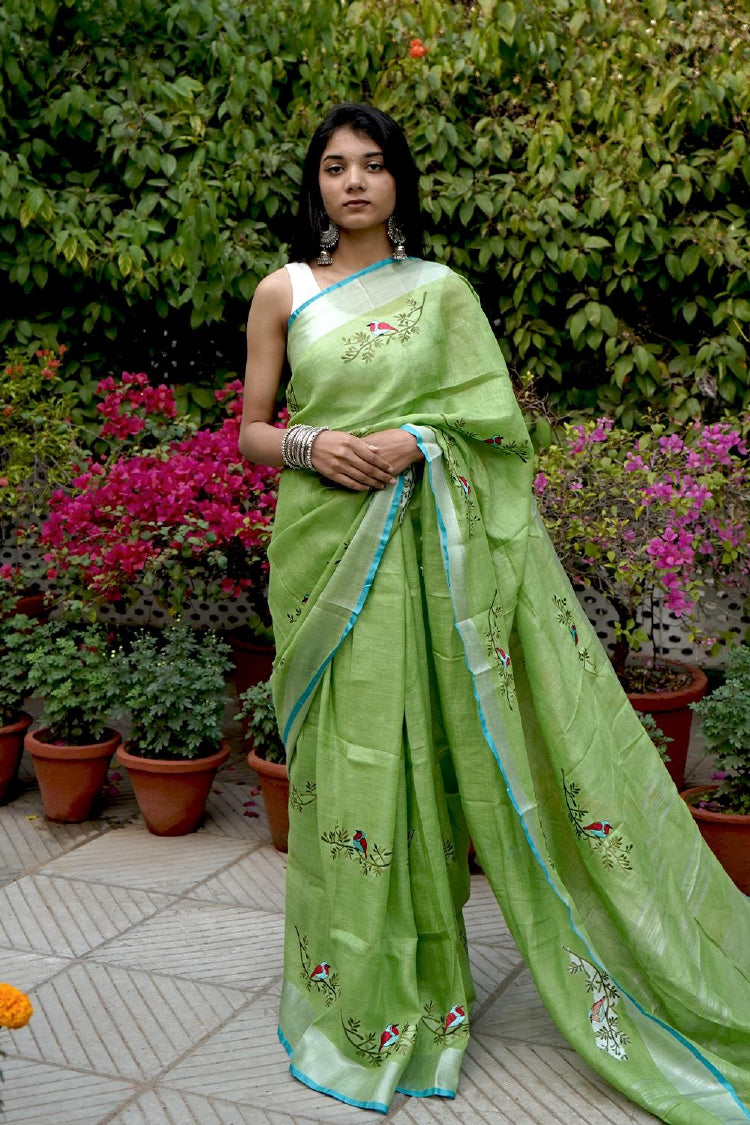 Green Embroidered  Linen Saree