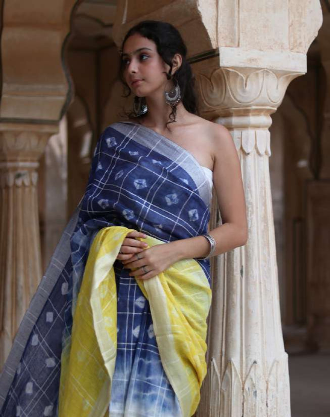 Hand Block Printed Yellow Blue Shaded Shbori Style  Linen Saree