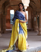 Hand Block Printed Yellow Blue Shaded Shbori Style  Linen Saree