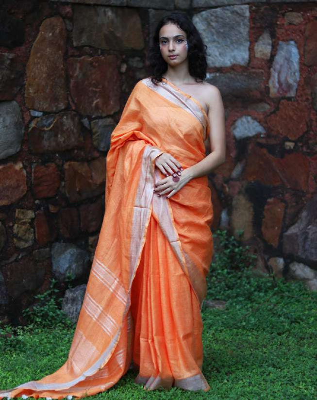 Kesariya Colour Linen Saree