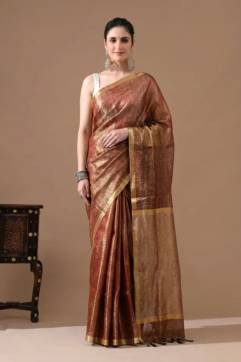 Handwoven Copper Brown Tissue Linen Saree – Bhasha Bharat