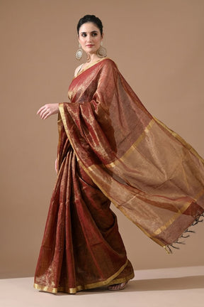 Handwoven Copper Brown Tissue Linen Saree – Bhasha Bharat