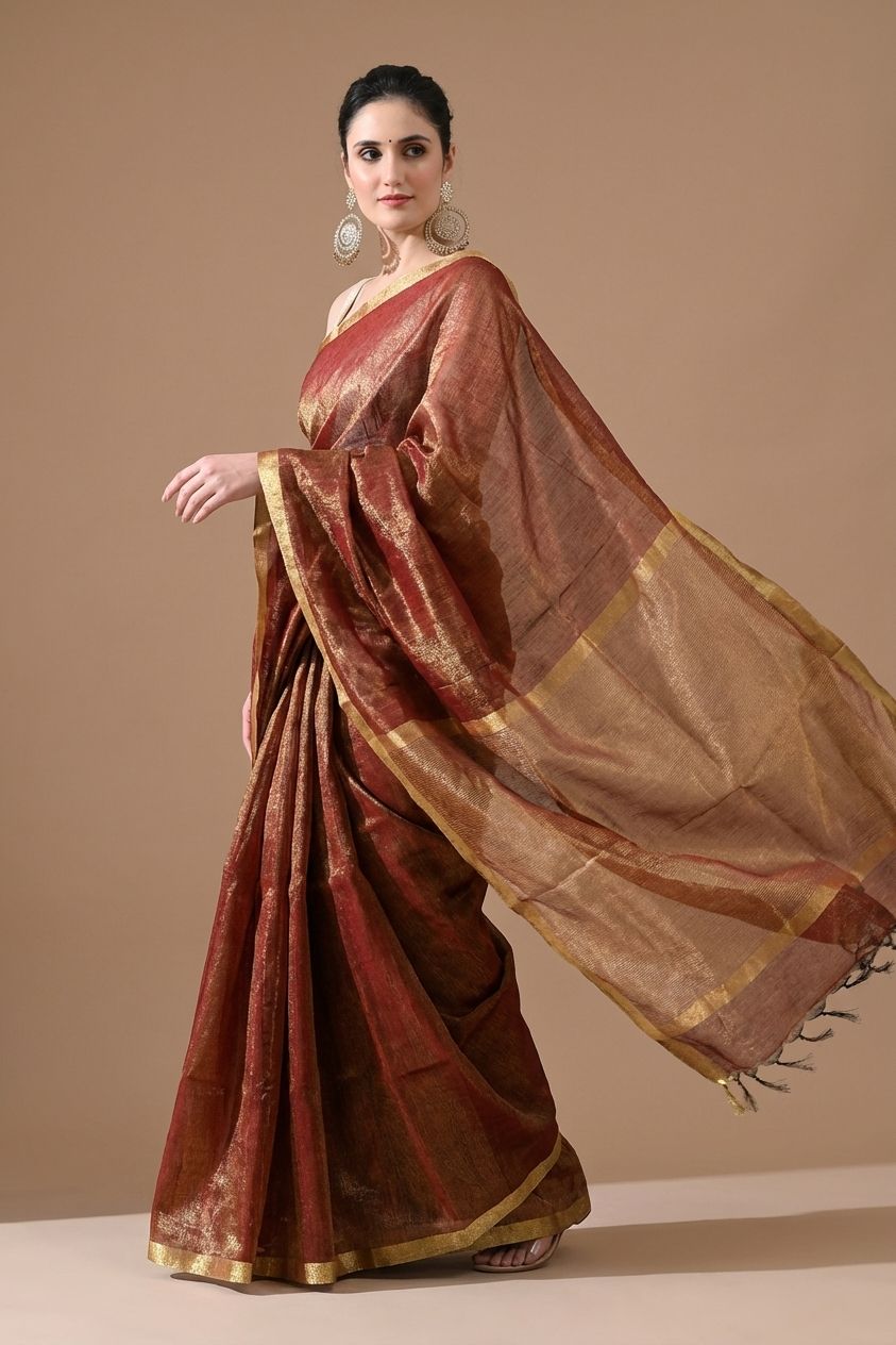 Handwoven Copper Brown Tissue Linen Saree – Bhasha Bharat