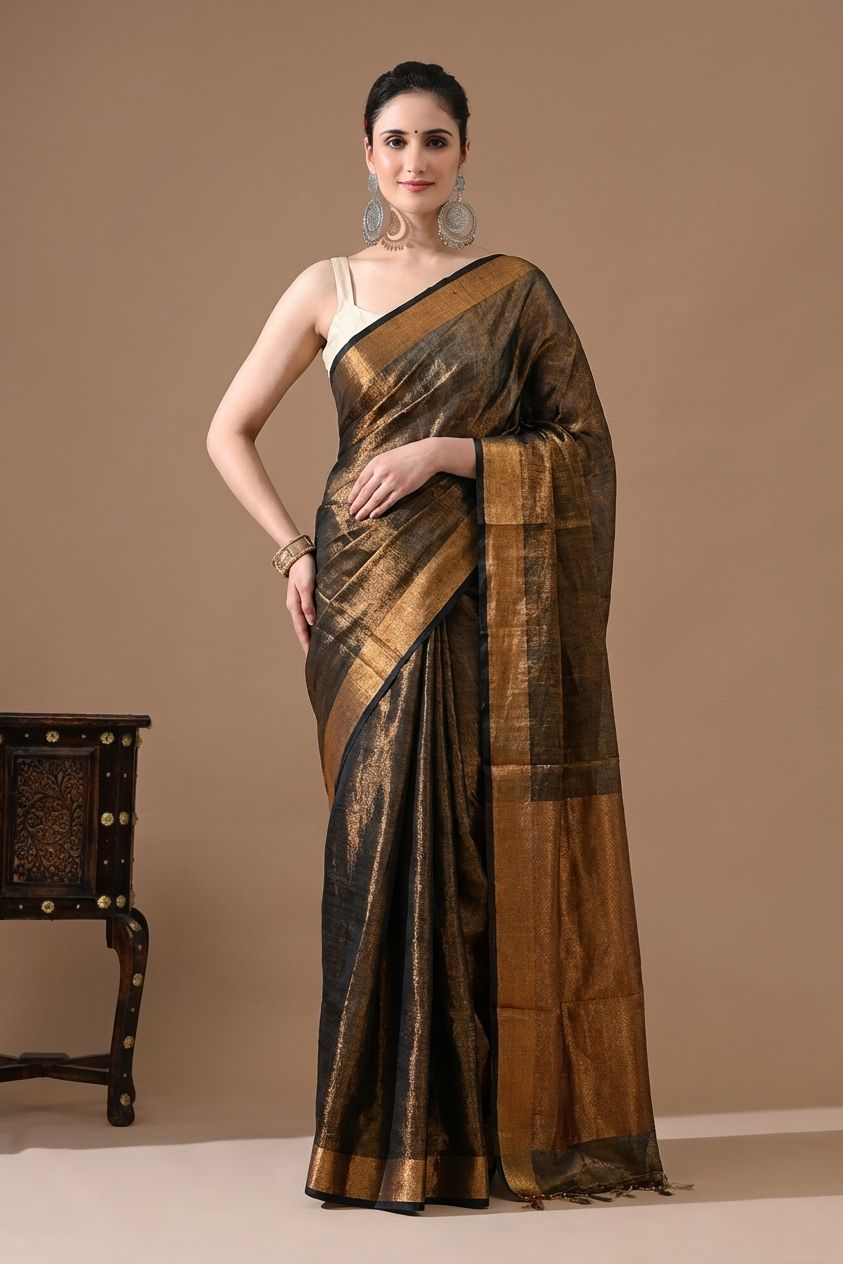 Handwoven Charcoal Black & Antique Gold Tissue Linen Saree – Bhasha Bharat