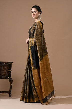 Handwoven Charcoal Black & Antique Gold Tissue Linen Saree – Bhasha Bharat