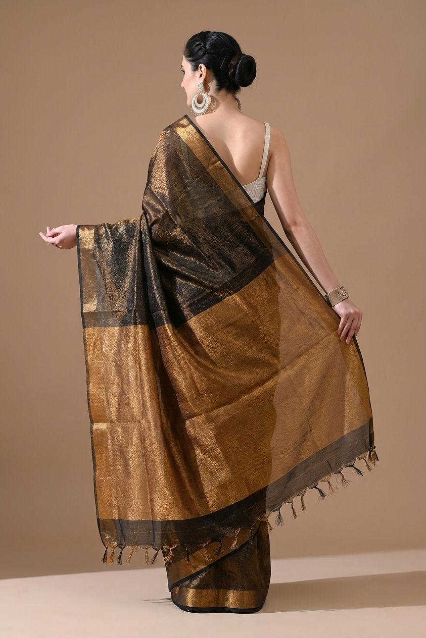 Handwoven Charcoal Black & Antique Gold Tissue Linen Saree – Bhasha Bharat