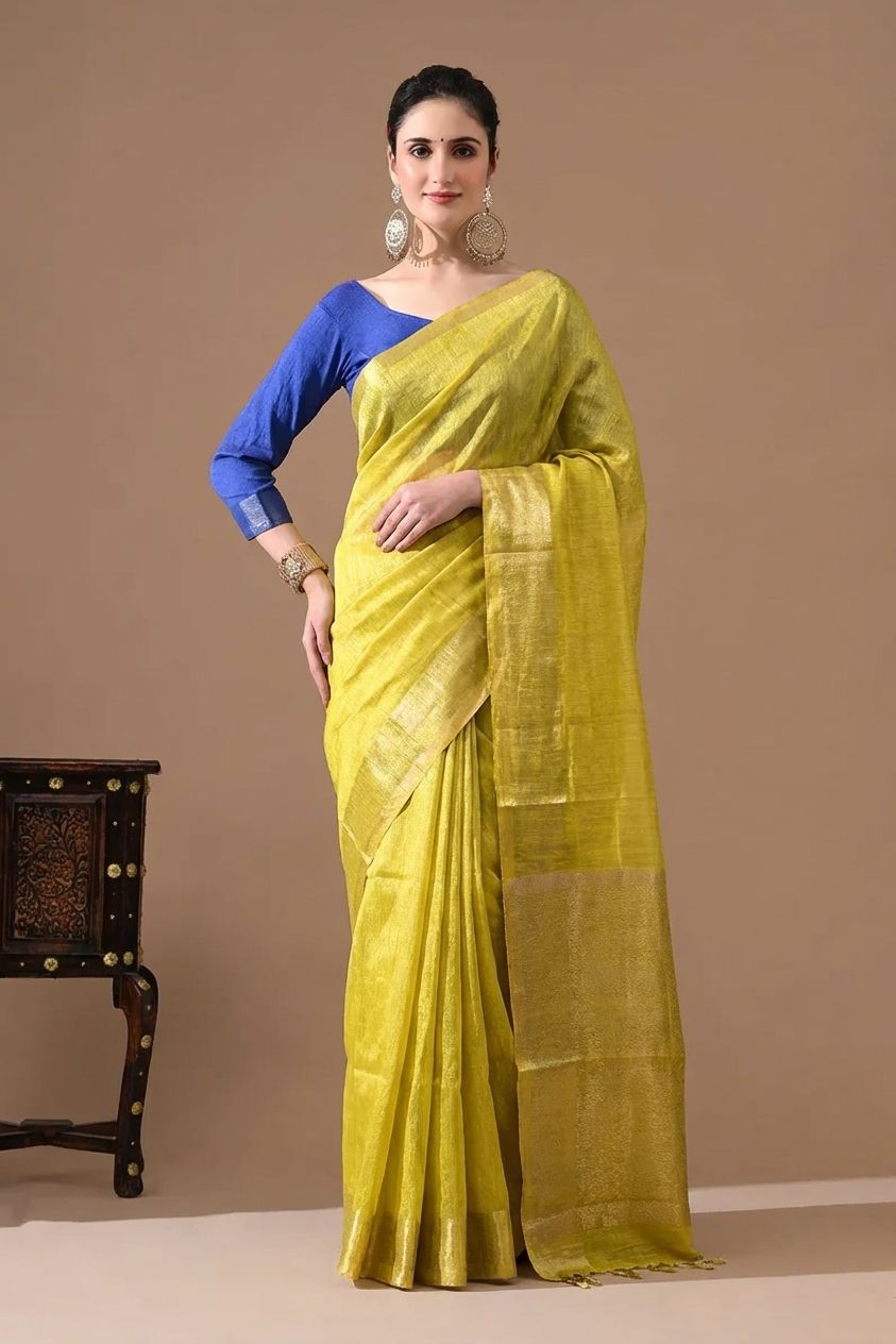 Handwoven Mustard Yellow TIssue Linen Saree – Bhasha Bharat