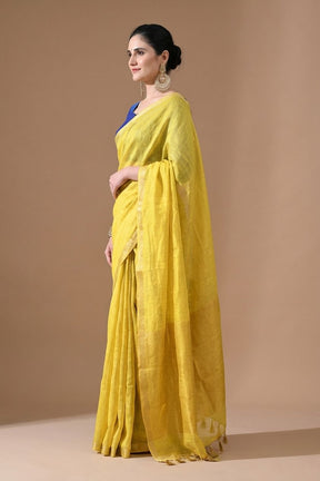 Handwoven Mustard Yellow TIssue Linen Saree – Bhasha Bharat
