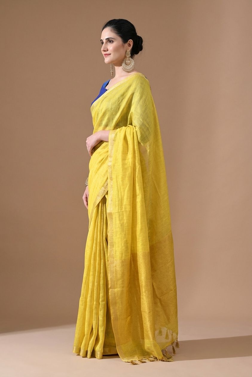 Handwoven Mustard Yellow TIssue Linen Saree – Bhasha Bharat