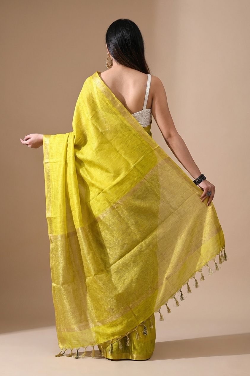 Handwoven Mustard Yellow TIssue Linen Saree – Bhasha Bharat