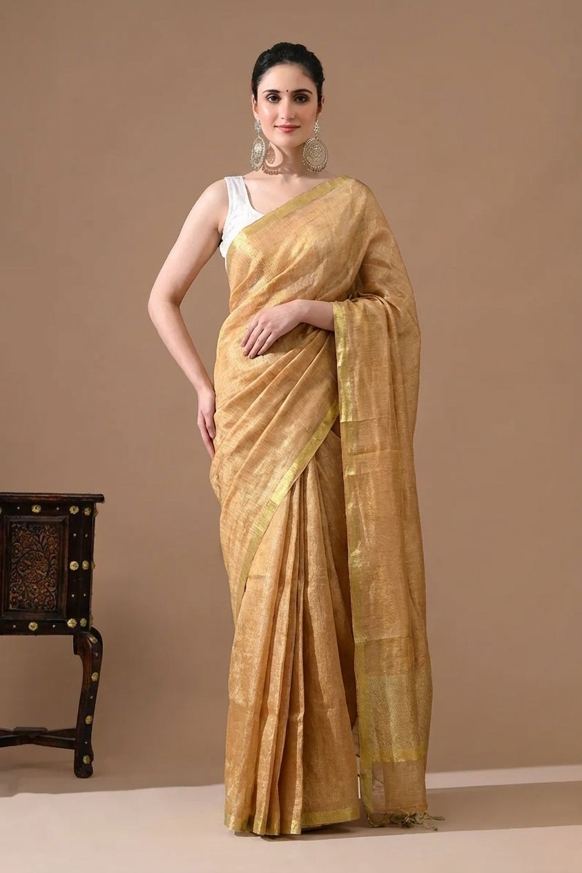 Handwoven Antique Gold Tissue Linen Saree – Bhasha Bharat