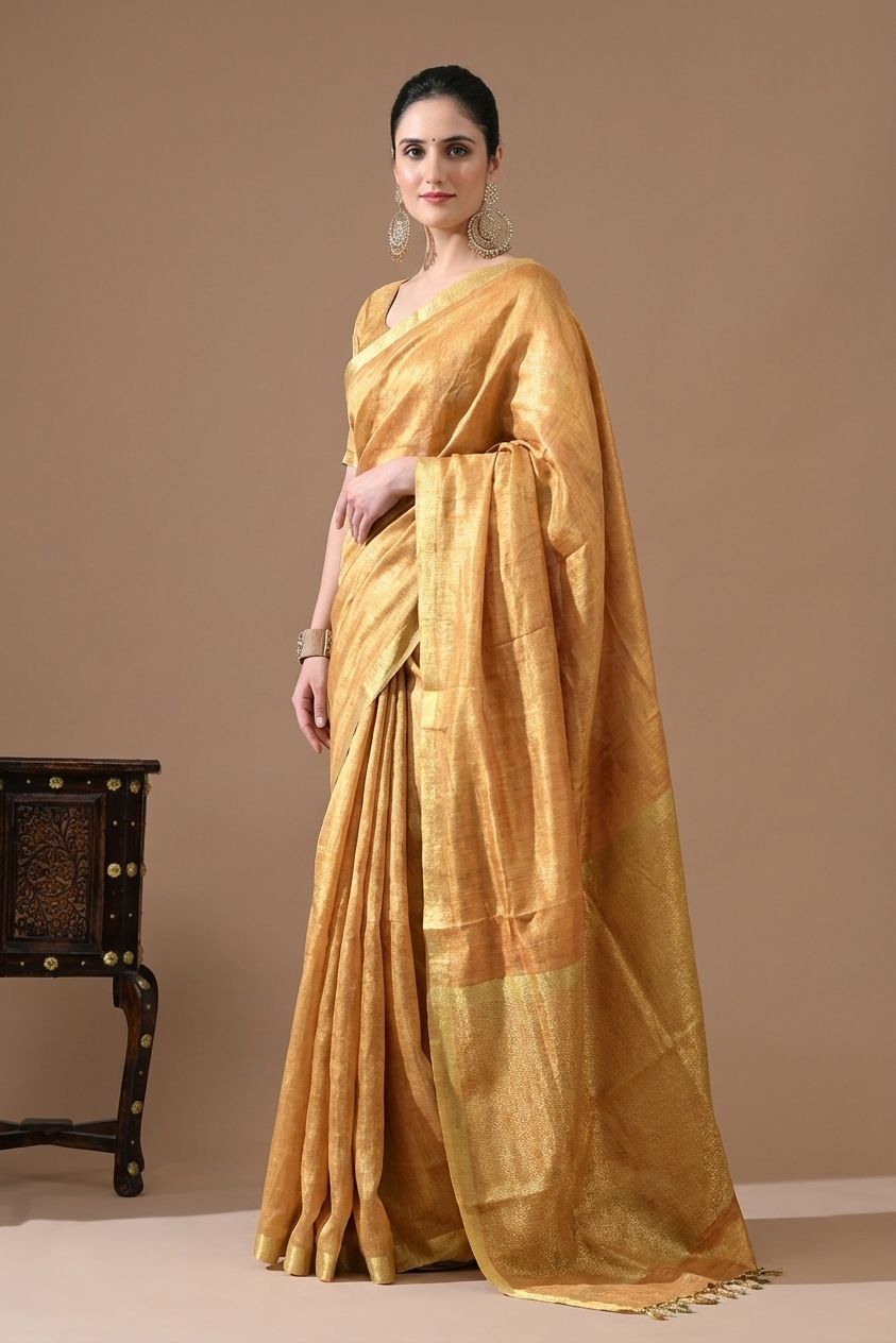 Handwoven Antique Gold Tissue Linen Saree – Bhasha Bharat