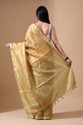 Handwoven Antique Gold Tissue Linen Saree – Bhasha Bharat