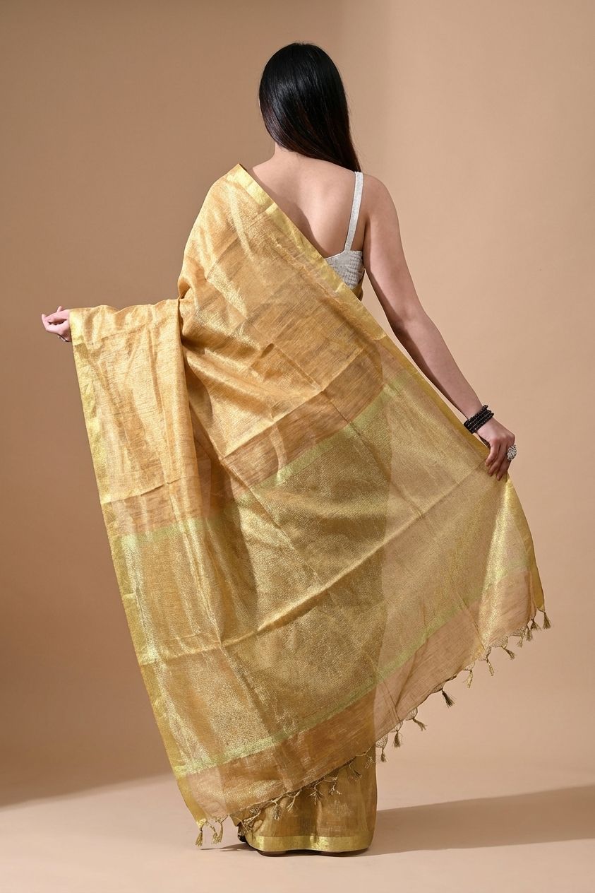 Handwoven Antique Gold Tissue Linen Saree – Bhasha Bharat