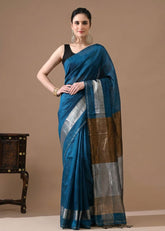 LINEN SILK BLUE COLOUR SAREE AND CONTRST BORDER