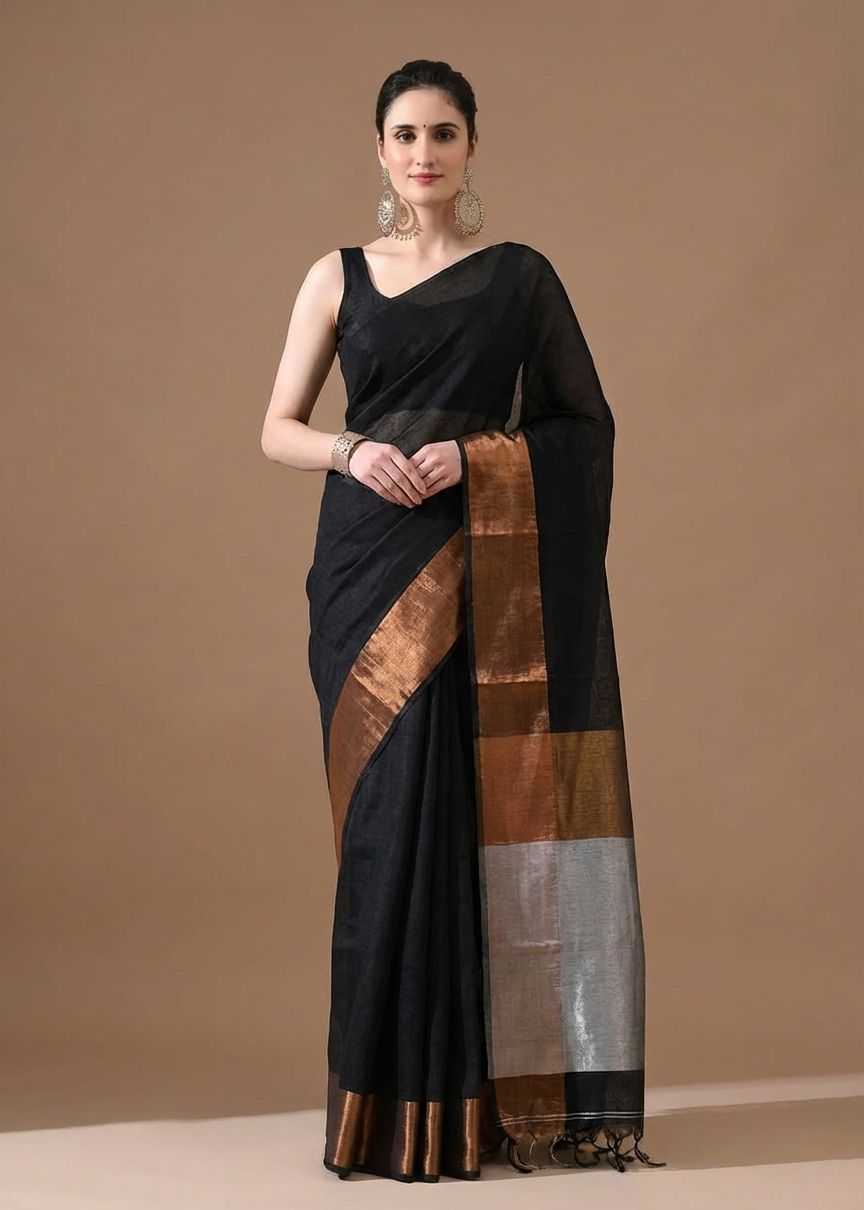 LINEN SILK BLACK COLOUR SAREE AND CONTRST BORDER