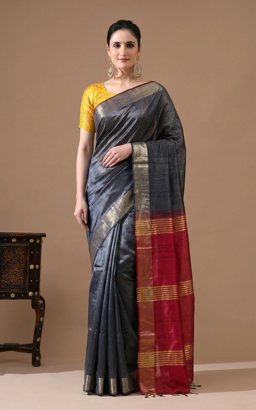 BLACK COLOUR DARK PINKISH CONTRST PALLU TUSSAR GICCHA SILK SAREE
