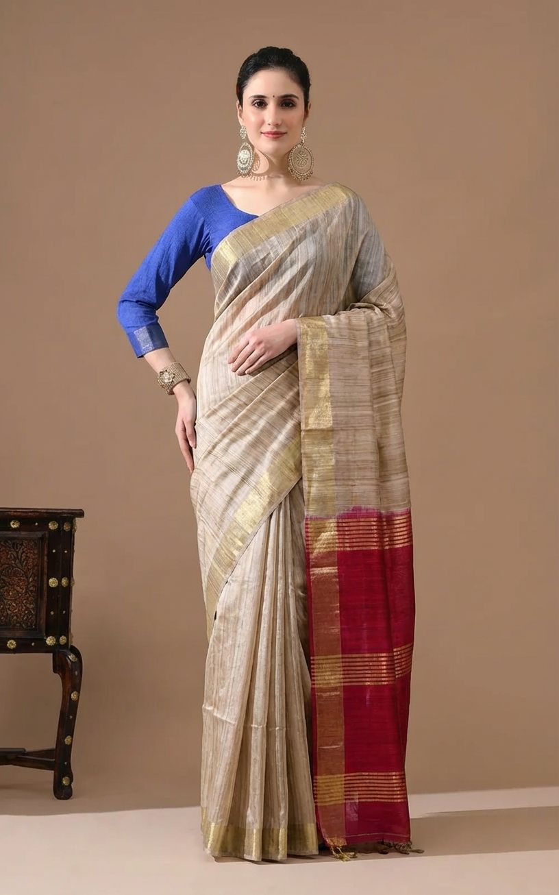 NATUTURAL COLOUR DARK PINKISH CONTRST PALLU TUSSAR GICCHA SILK SAREE