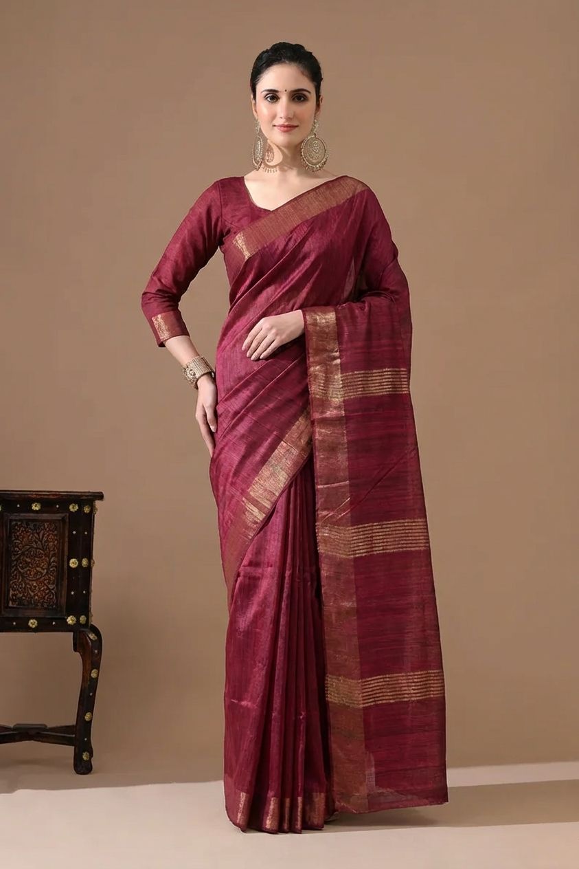 MARRON COLOUR JARI PALLU TUSSAR GICCHA SILK SAREE