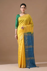 Stylish Dual-Tone Yellow Tussar Gichha Silk Saree with Blue Pallu