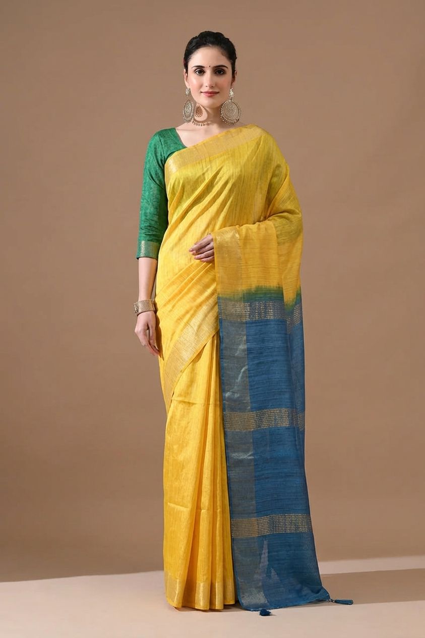 Stylish Dual-Tone Yellow Tussar Gichha Silk Saree with Blue Pallu