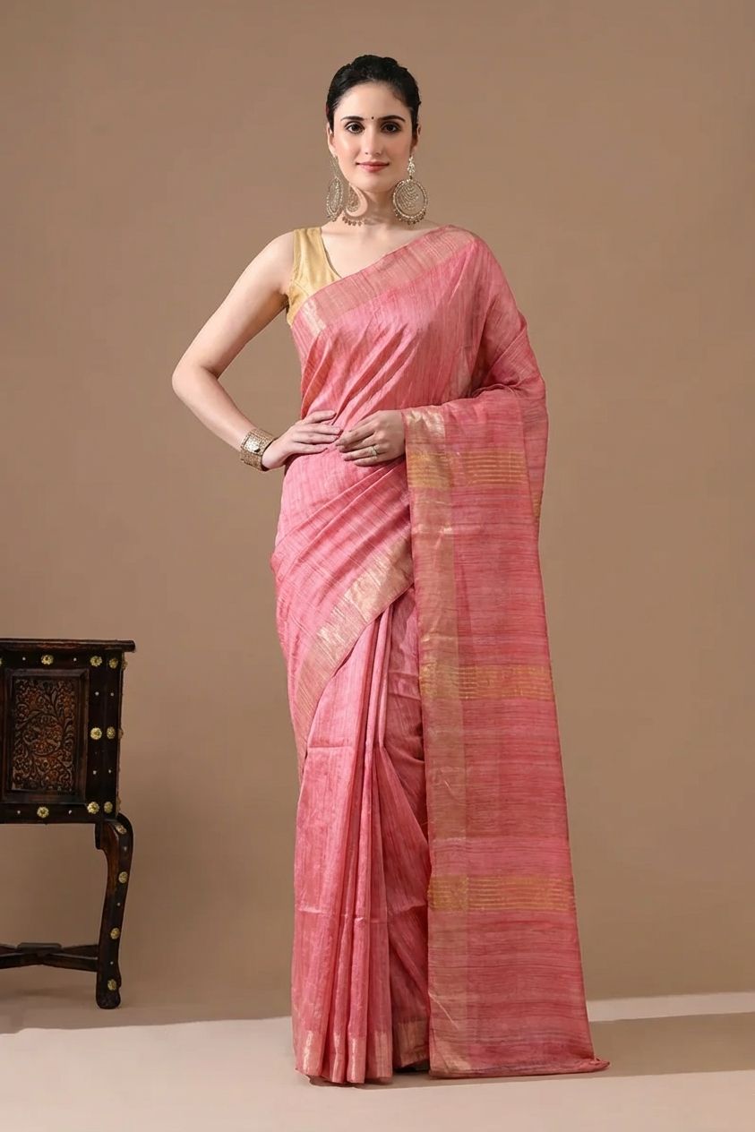 LIGHT PINK JARI PALLU TUSSAR GICCHA SILK SAREE
