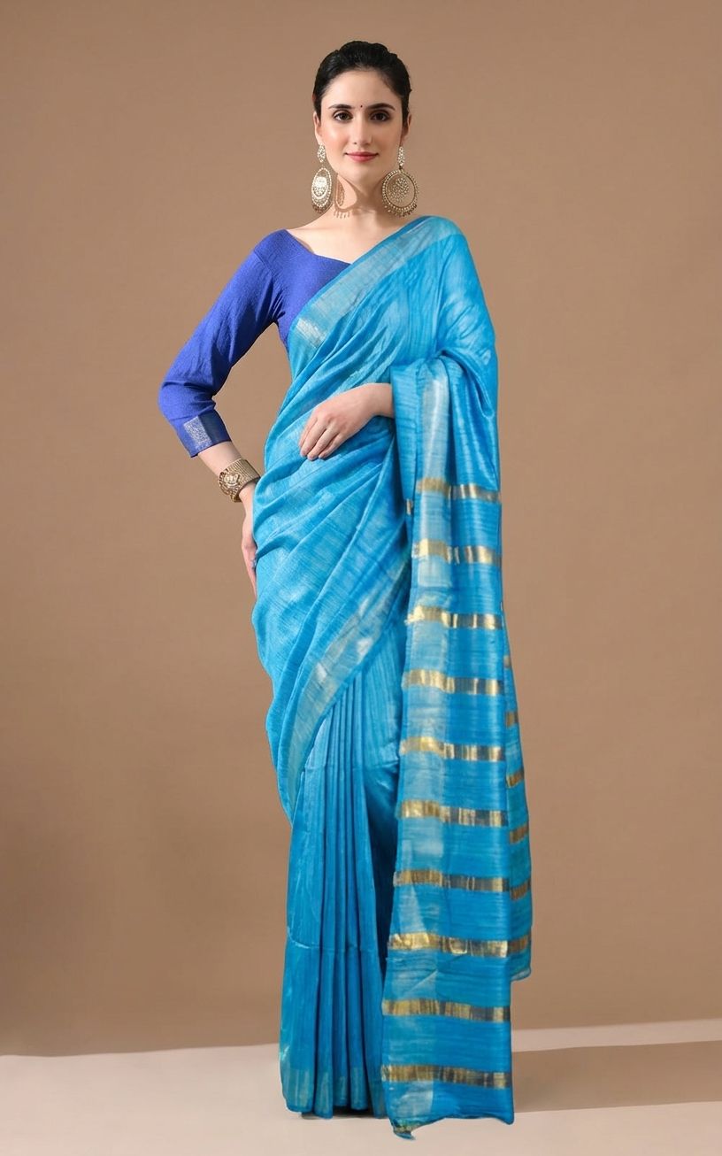 SKY BLUE JARI PALLU TUSSAR GICCHA SILK SAREE