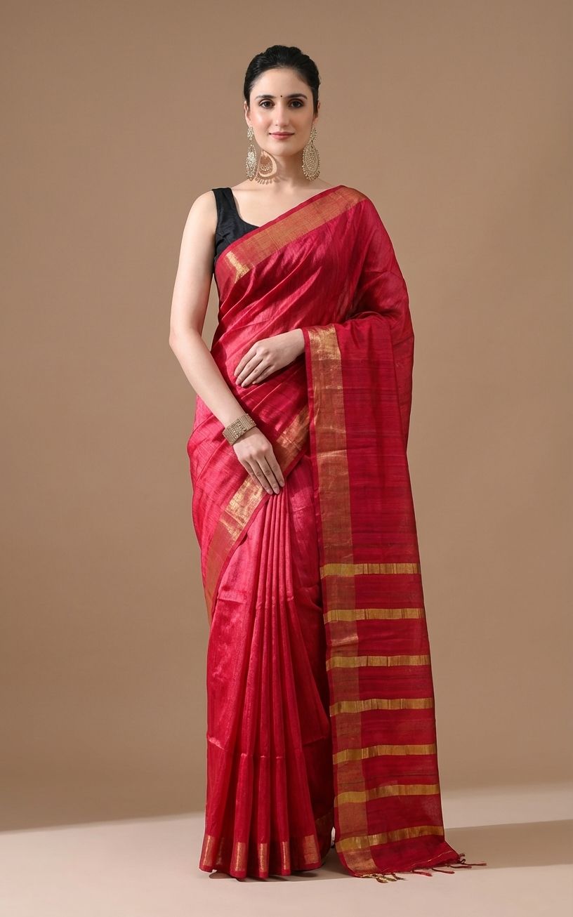 PINKISH GOLDEN JARI PALLU TUSSAR GICCHA SILK SAREE