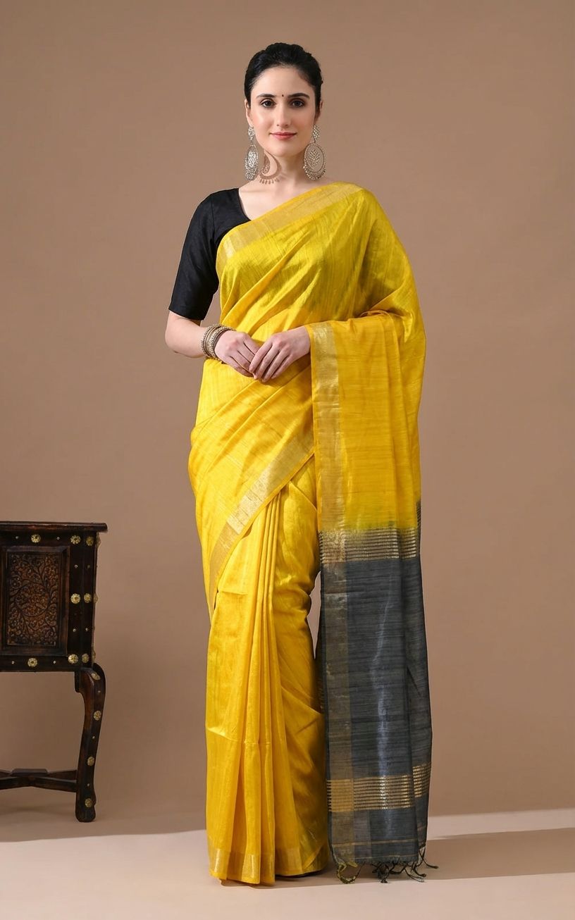 BRIGHT YELLOW COLOUR CONTRST PALLU TUSSAR GICCHA SILK SAREE
