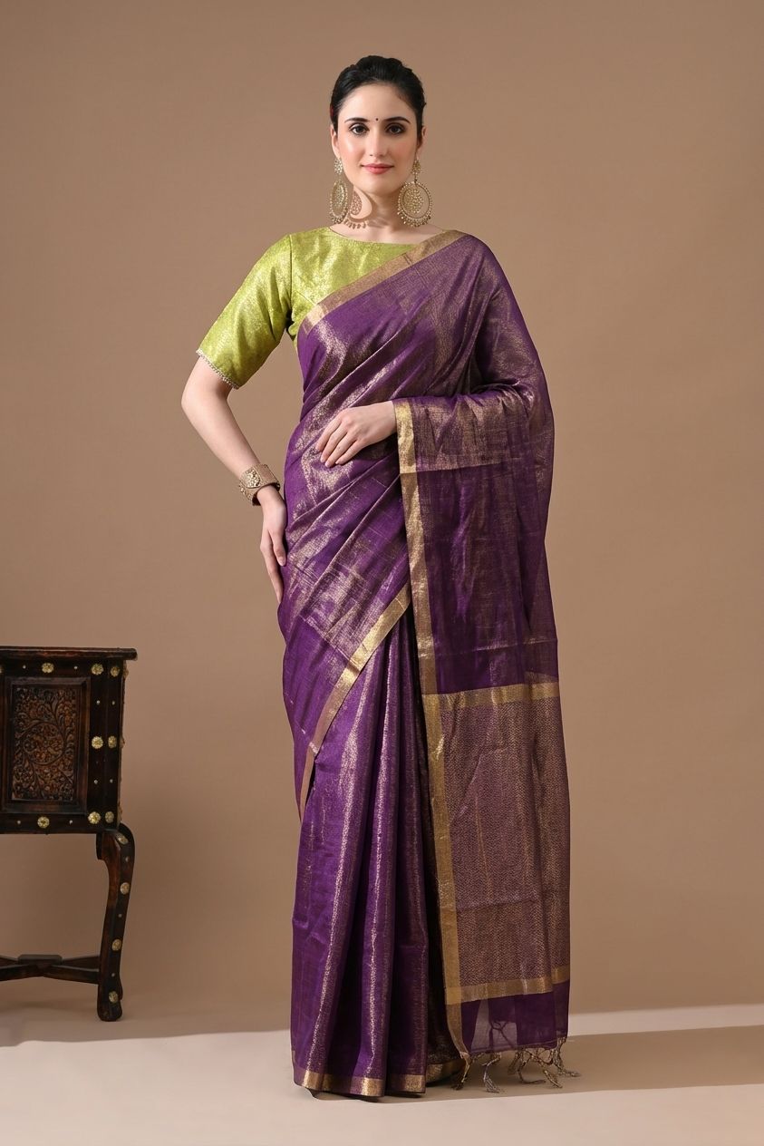 Tissue Linen Handwoven Royal Purple Linen Saree