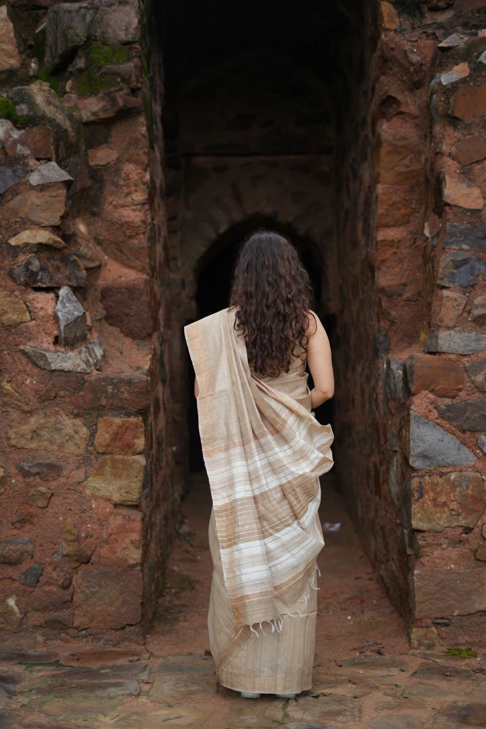 Handloom Natural Colour Desi Tussar Silk Saree with White Stripe Border Pallu