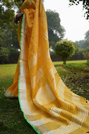 Yellow Colour With Green Piping  Linen Saree